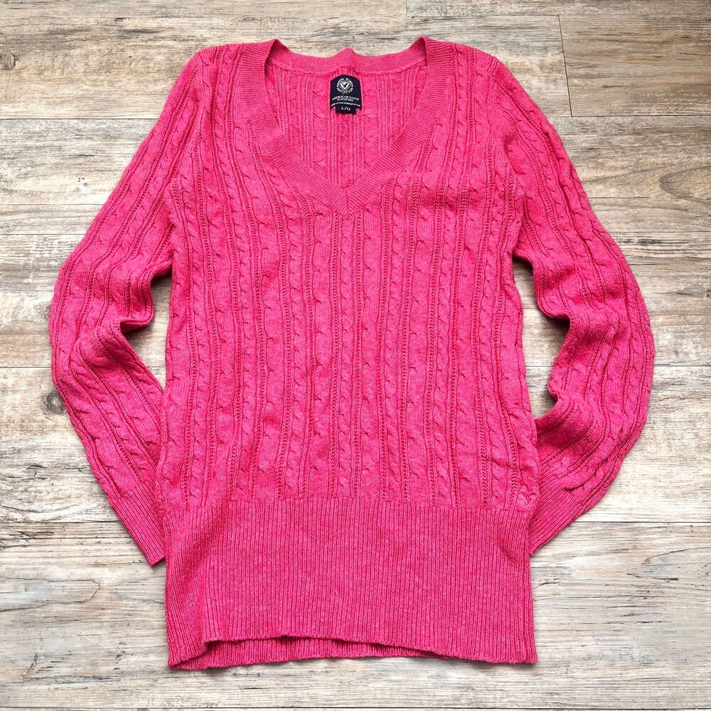 Y2K American Eagle Cable Knit V Neck Fitted Sweater Preppy Coquette Soft Girl